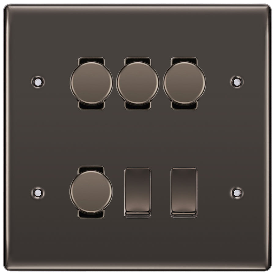 BG Nexus Black Nickel 6 Gang Switch 4x Trailing Edge LED Dimmer 2x 2Way Custom Grid Switch