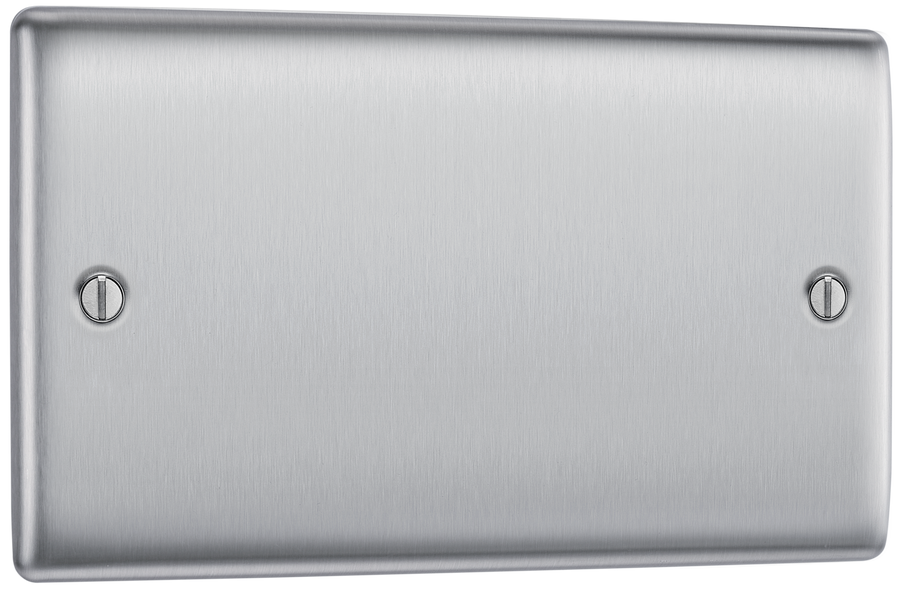 NBS95 Front - This premium brushed steel finish double blank plate from British General is ideal for covering unused electrical connections and has a sleek and slim profile, with softly rounded edges and an anti-fingerprint lacquer to reduce unsightly fingerprint marks.