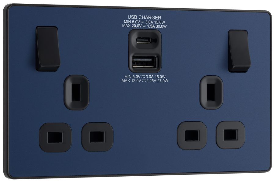 PCDDB22UAC30B Front - This Evolve Matt Blue 13A power socket from British General with integrated fast charge USB-A and USB-C ports delivers a 50% charge to mobile phones in just 30 minutes. These sockets allow you to charge your devices without sacrificing power sockets, and with no need for bulky adaptors.