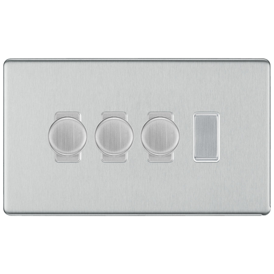 BG Brushed Steel Screwless Flat Plate 4 Gang Light Switch 3x Trailing Edge LED Dimmer 1x 2 Way Custom Switch