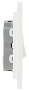 PCDBS43W Side - This Evolve Brushed Steel 20A 16AX triple light switch from British General can operate 3 different lights, whilst the 2 way switching allows a second switch to be added to the circuit to operate the same light from another location (e.g. at the top and bottom of the stairs).