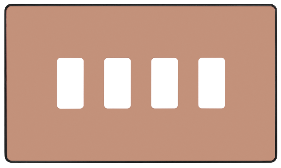 RPCDCP4B Front - The Grid modular range from British General allows you to build your own module configuration with a variety of combinations and finishes. This polished copper finish Evolve front plate clips on for a seamless finish, and can accommodate 4 Grid modules - ideal for switches and other domestic applications.