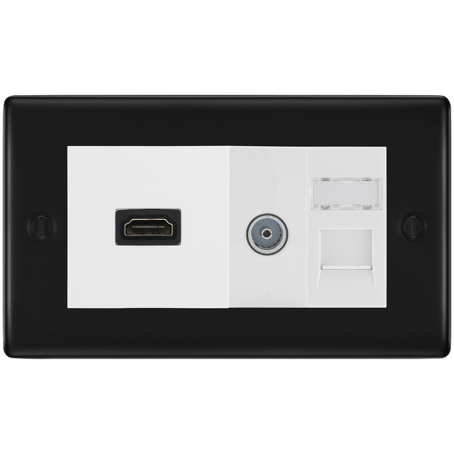BG Nexus Matt Black Media Wall Plate TV Aerial, HDMI & CAT6 Outlet - White Insert