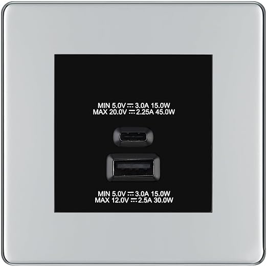 BG Polished Chrome 45W USB Wall Socket Euro Module USB-A & C - Black Insert