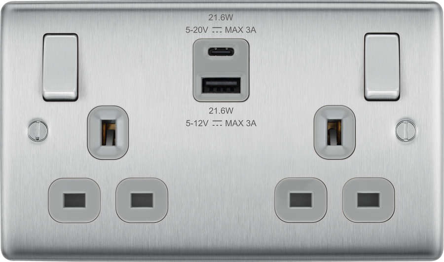 BG NBS22UAC22G Brushed Steel Double Socket with USB 22W Type A & Type C USB