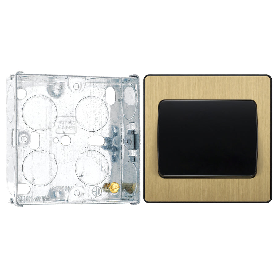 BG Evolve Satin Brass 1G Wide Rocker Light Switch PCDSB12WB with 25mm Steel Back Box