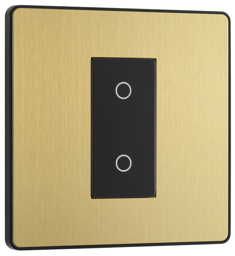 PCDSBTDM1B Front - This Evolve Satin Brass single master trailing edge touch dimmer allows you to control your light levels and set the mood.