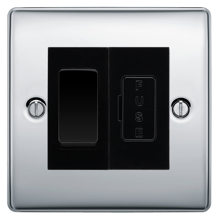 BG Nexus Metal Polished Chrome 20A Intermediate Switch & 13A Fused Spur Plate | Black Insert