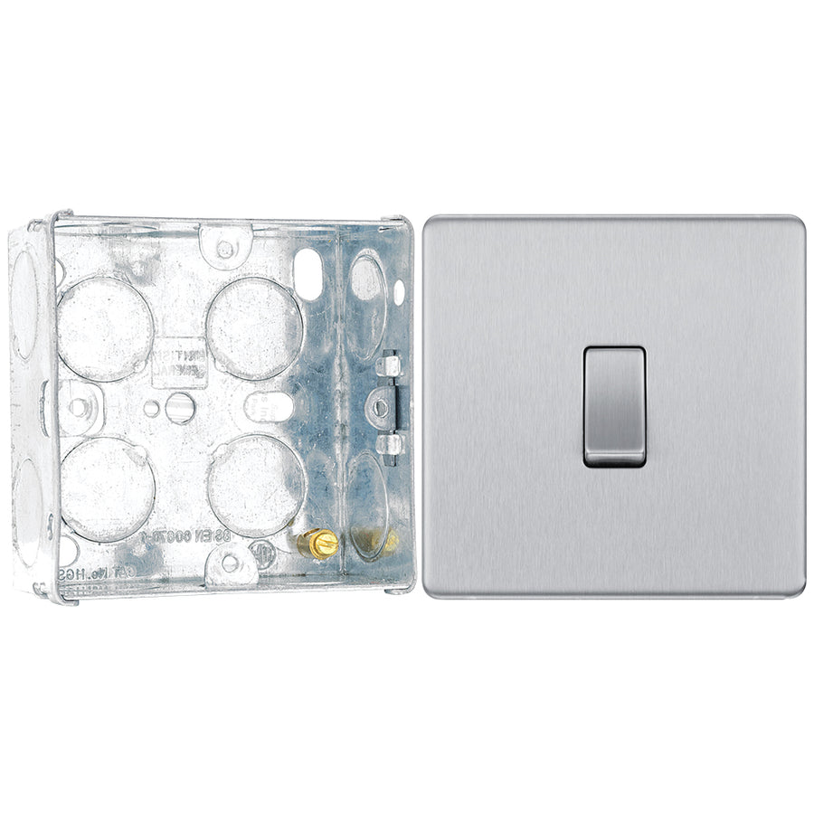 BG Screwless Brushed Steel 20A 16AX 2 Way Single Light Switch FBS12 with 35mm Steel Back Box