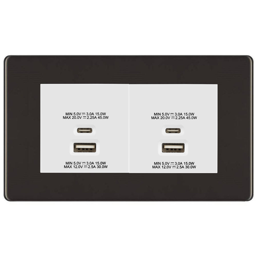 BG Screwless Black Nickel 4G Faceplate with 45W USB A+C Charger Modules - White Insert
