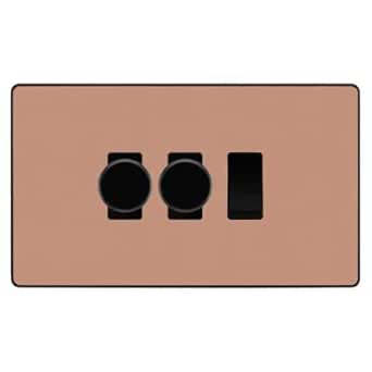 BG Evolve Polished Copper 3 Gang Switch 2x Trailing Edge LED Dimmer 1x Intermediate Custom Grid Switch