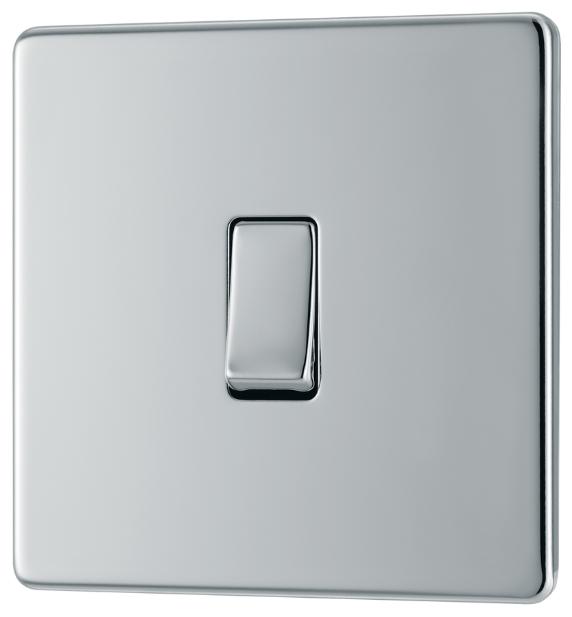 FPC12 Front - This Screwless Flat plate polished chrome finish 20A 16AX single light switch from British General will operate one light in a room.