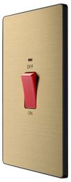 PCDSB72B Front - This Evolve Satin Brass 45A double pole switch with indicator from British General is ideal for use with cookers and has a large mounting plate measuring 146mm high x 86mm wide.