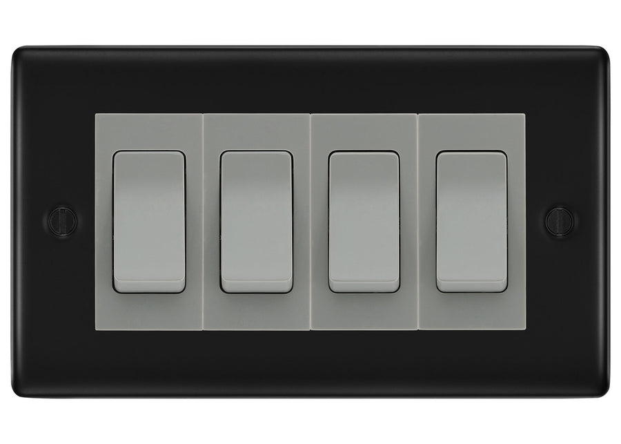 BG Nexus Matt Black 4 Gang Intermediate Light Switch Custom Grid - Grey Insert