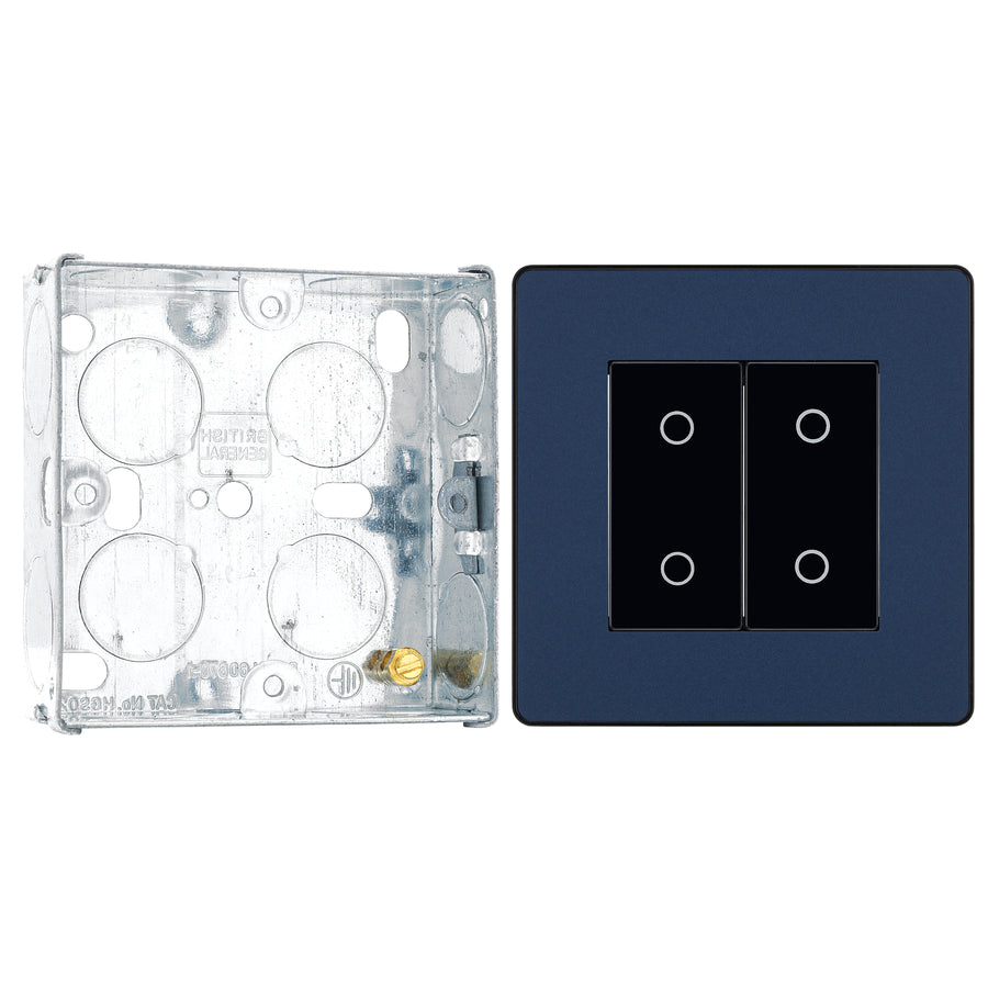 BG Evolve Matt Blue 2 Gang 200W Trailing Edge Master Touch Dimmer PCDDBTDM2B with 25mm Steel Back Box
