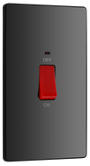 PCDBC72B Front - This Evolve Black Chrome 45A double pole switch with indicator from British General is ideal for use with cookers and has a large mounting plate measuring 146mm high x 86mm wide.