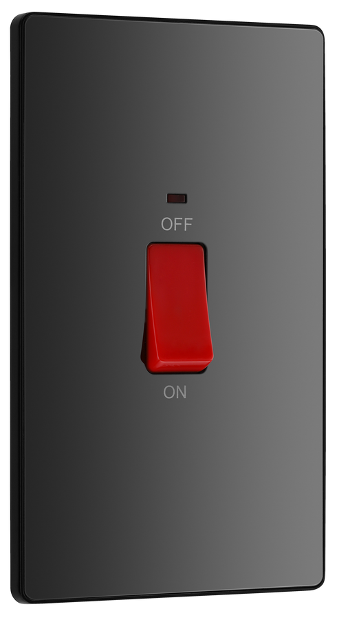 PCDBC72B Front - This Evolve Black Chrome 45A double pole switch with indicator from British General is ideal for use with cookers and has a large mounting plate measuring 146mm high x 86mm wide.