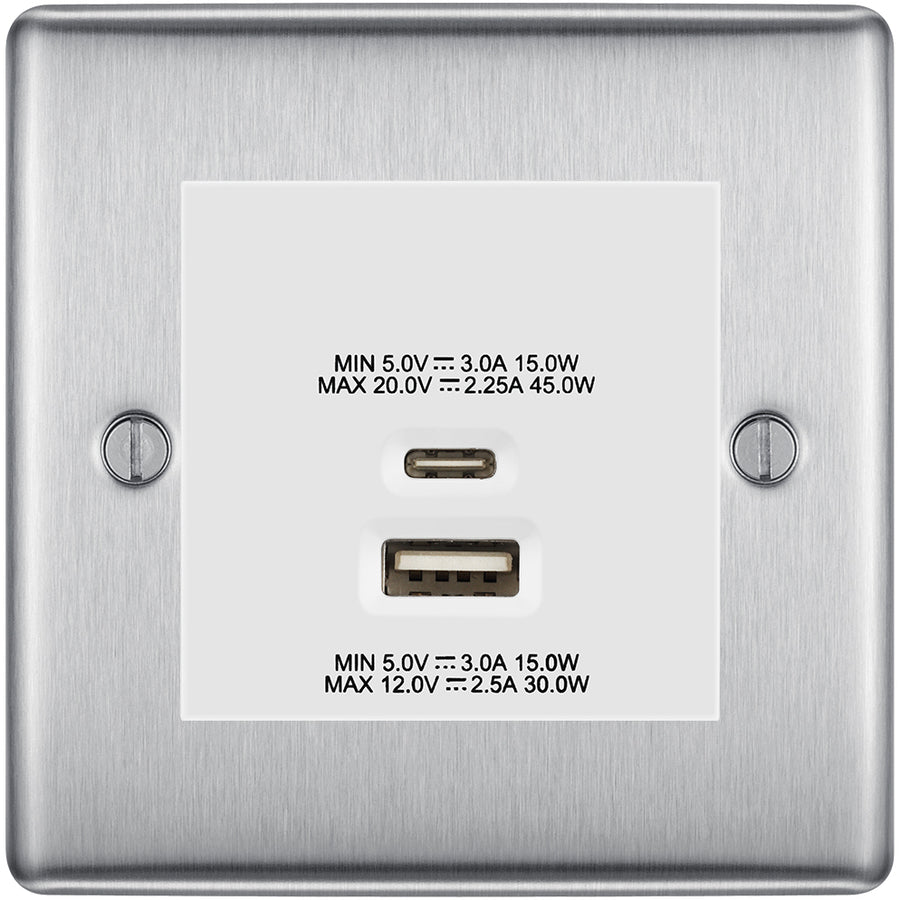 BG Nexus Brushed Steel 45W USB Wall Socket Euro Module USB-A & C - White Insert