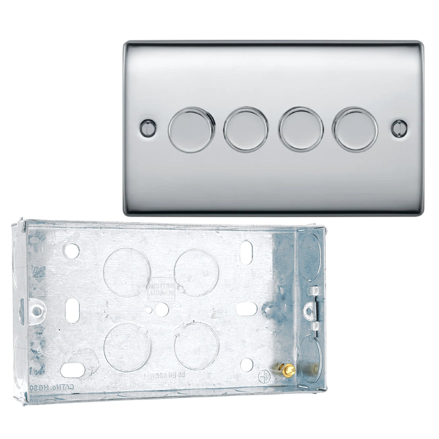 BG Nexus Polished Chrome 200W 2 Way Quad Trailing Edge Dimmer Switch NPC84 with 25mm Steel Back Box