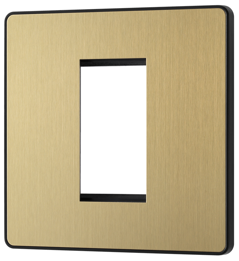 PCDSBEMS1B Front - The Euro Module range from British General combines plates and interchangeable modules so you can configure your own bespoke switches and sockets. This Evolve Satin Brass plate aperture can accommodate one 25mm wide module, and has a low profile screwless flat plate that clips on and off, making it ideal for modern interiors.