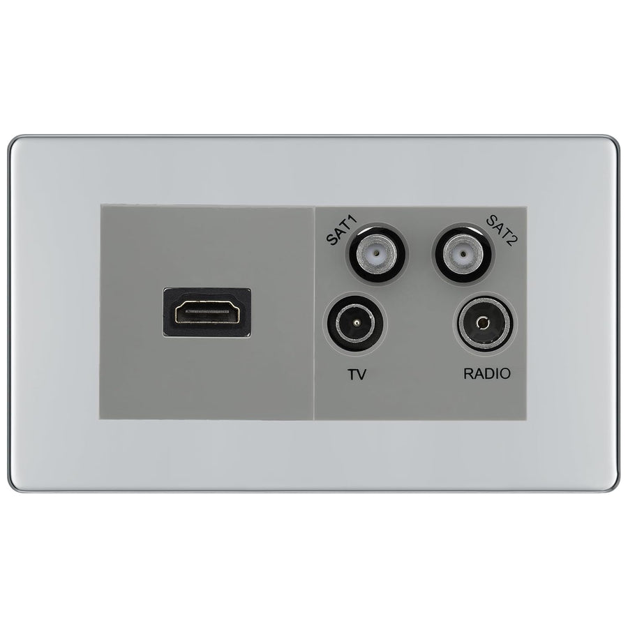 BG Screwless Polished Chrome 4G Faceplate with HDMI + TV/FM/SAT Module - Grey