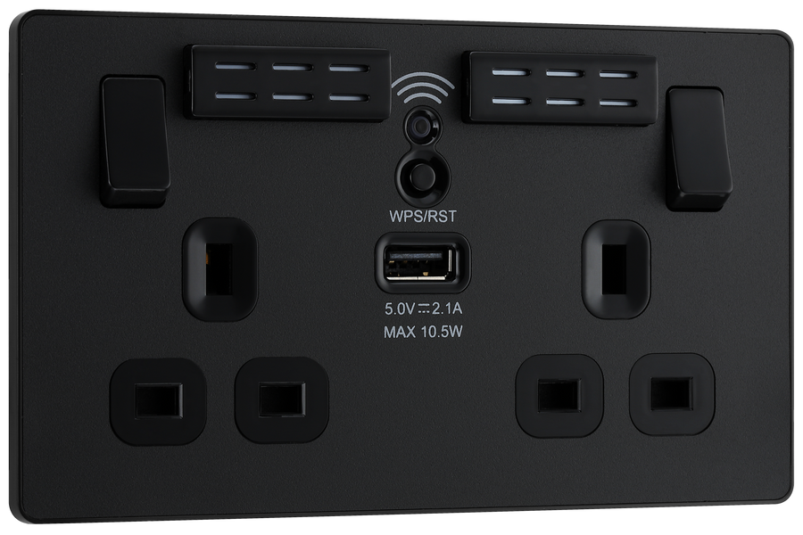 PCDMB22UWRB Front - This Evolve Matt Black 13A double power socket with integrated Wi-Fi Extender from British General will eliminate dead spots and expand your Wi-Fi coverage. 