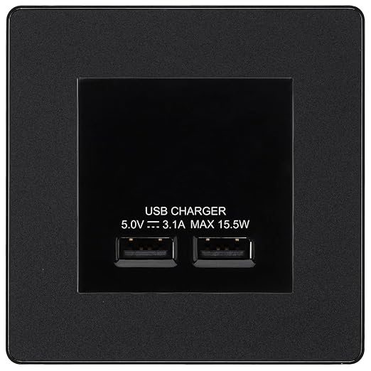 BG Evolve Matt Black Dual USB Charger 3.1A Output Socket - Black Insert