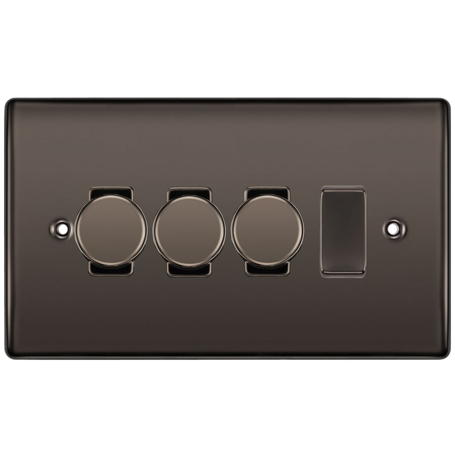 BG Black Nickel 4 Gang Light Switch 3x Trailing Edge LED Dimmer 1x 2 Way Custom Switch
