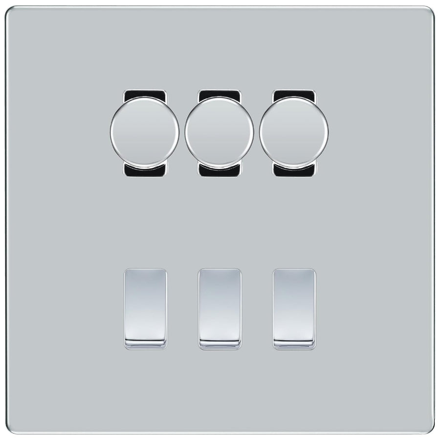 BG Screwless Polished Chrome 6 Gang Switch 3x Trailing Edge LED Dimmer 3x 2Way Custom Switch