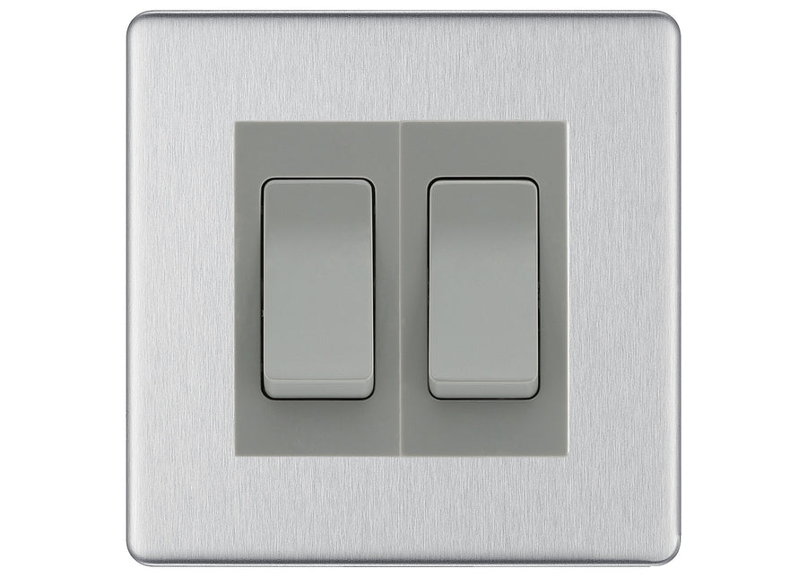 BG Screwless Brushed Steel 2 Gang Light Switch 1x 2 Way 1x BG Screwless Brushed Steel 2 Gang Light Switch 1x 2 Way 1x