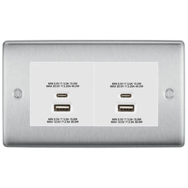 BG Brushed Steel 4G Euro Plate with 45W USB A+C Charger Modules - White Insert