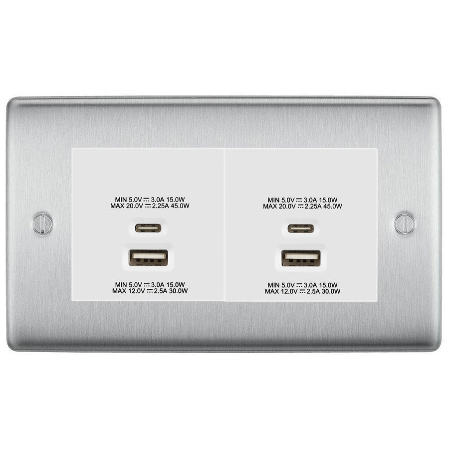 BG Brushed Steel 4G Euro Plate with 45W USB A+C Charger Modules - White Insert