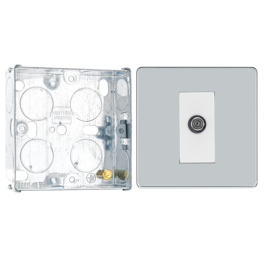 BG Screwless Polished Chrome 1 Gang Satellite Socket FPC64 with 25mm Steel Back Box