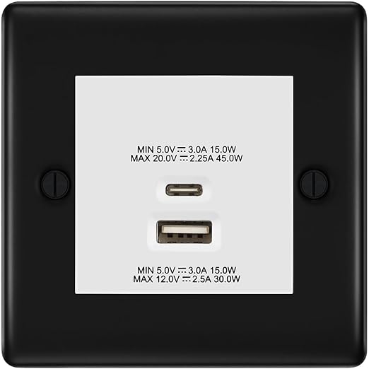 BG Nexus Matt Black 45W USB Wall Socket Euro Module USB-A & C - White Insert
