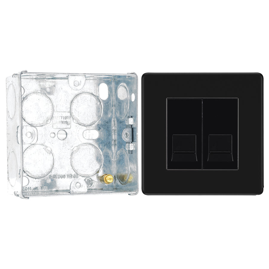 BG Screwless Matt Black Double Master Telephone Socket FFBBTM2 with 35mm Steel Back Box