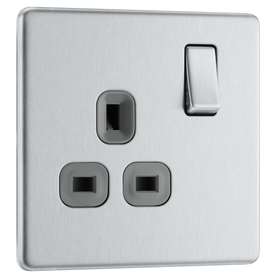 Newlec British General FBS21G Nexus Flatplate Screwless Brushed Steel 1 Gang 13A 2 Pole Switched Socket