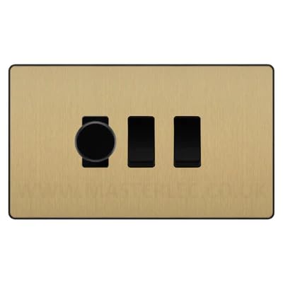 BG Evolve Satin Brass 3 Gang Light Switch Grid – 1x Trailing-Edge LED Dimmer, 1x Intermediate, 1x 2-Way Switch