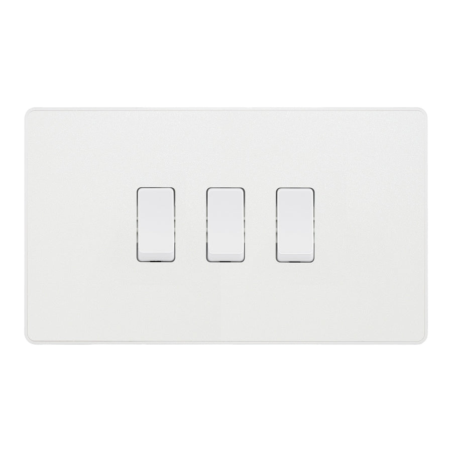 BG Evolve Pearlescent White 3 Gang Light Switch 1x Intermediate 2x 2 Way Custom Grid Switch