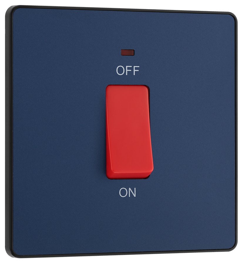 PCDDB74B Front -This Evolve Matt Blue 45A double pole switch with indicator from British General is ideal for use with cookers and ovens. This switch has a low profile screwless flat plate that clips on and off, making it ideal for modern interiors.