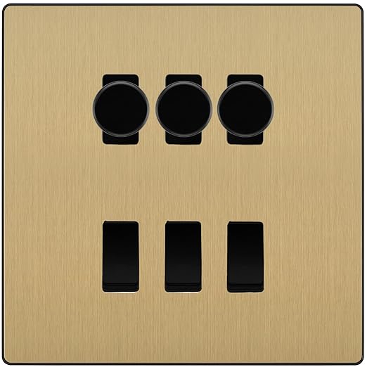 BG Evolve Satin Brass 6 Gang Switch 3x Trailing Edge LED Dimmer 3x Intermediate Custom Grid Switch