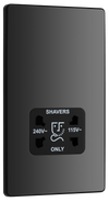 PCDBC20B Front - This Evolve Black Chrome dual voltage shaver socket from British General is suitable for use with 240V and 115V shavers and electric toothbrushes.