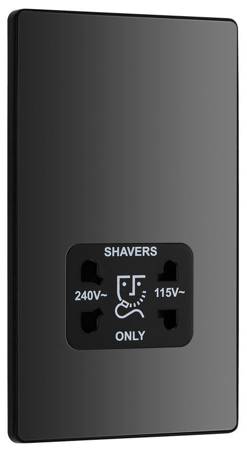 PCDBC20B Front - This Evolve Black Chrome dual voltage shaver socket from British General is suitable for use with 240V and 115V shavers and electric toothbrushes.