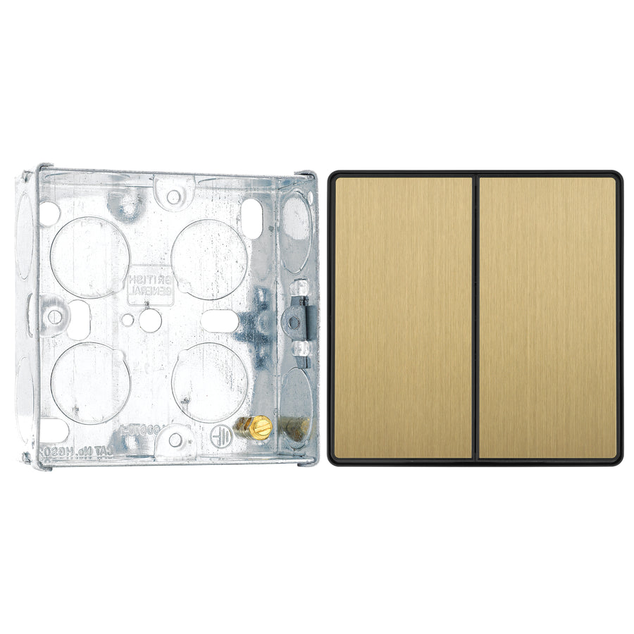 BG Evolve Satin Brass 2 Way Double Edge to Edge Rocker Switch PCDSB42EB with 25mm Steel Back Box