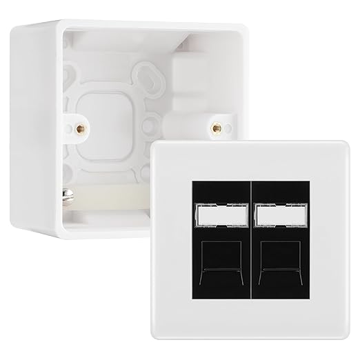 BG Nexus White RJ45 CAT6 Module with 2 Gang Faceplate, 2 Port Network Socket & 50mm Back Box (Black Insert)