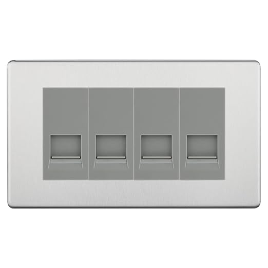 BG Screwless Brushed Steel 4 Gang RJ11 Telephone Socket Euro Module - Grey Insert