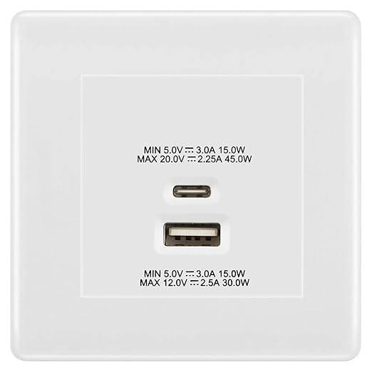 BG Nexus White 45W USB Wall Socket Euro Module USB-A & C - White Insert