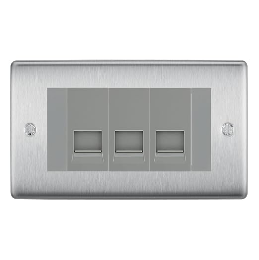 BG Nexus Brushed Steel 3 Gang RJ11 Telephone Socket Euro Module - Grey Insert