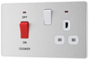 PCDBS70W Front - This Evolve Brushed Steel 45A cooker control unit from British General includes a 13A socket for an additional appliance outlet, and has flush LED indicators above the socket and switch.