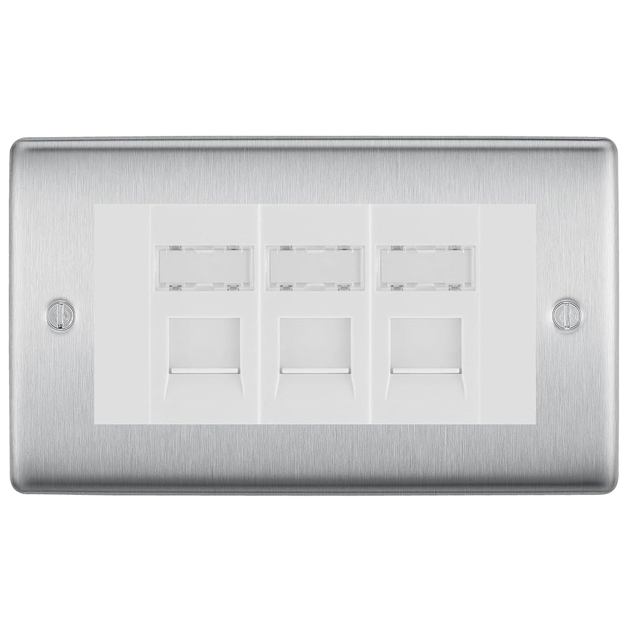 BG Nexus Brushed Steel 3 Gang RJ45 Cat6 Data Socket Outlet White Inserts