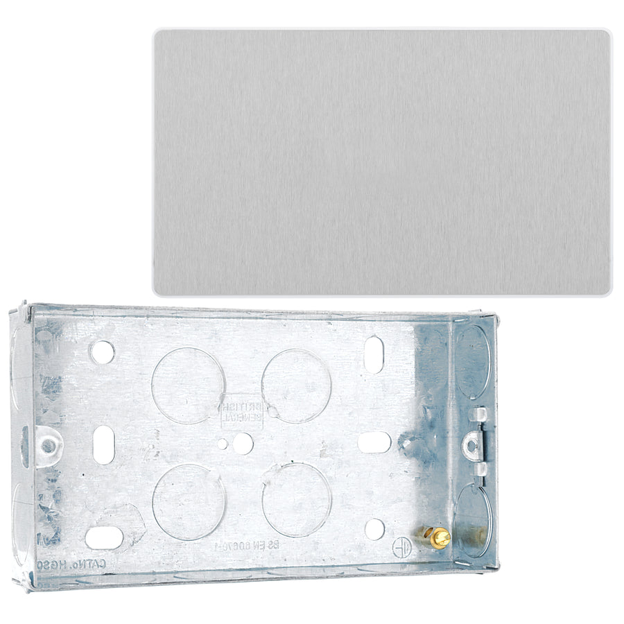 BG Evolve Brushed Steel 2 Gang Blank Plate PCDBS95W with 25mm Steel Back Box